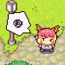 a pixel art of a girl with pink hair standing next to a ghost