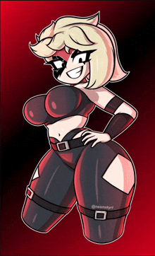 a cartoon drawing of a woman with a red background and the name neonakyel on the bottom
