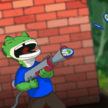 a cartoon frog is holding a gun with a frog on it