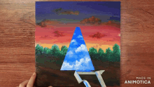 a painting of a mountain with trees and clouds is made by animatica