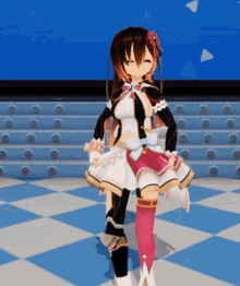 a cartoon character is standing on a checkered floor with a blue background