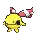 a pixel art of a yellow cartoon character with red and white ears and a red tail .