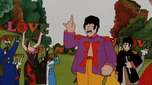 a man in a purple jacket is pointing at a sign that says love