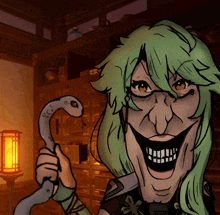 a cartoon of a woman with green hair holding a snake