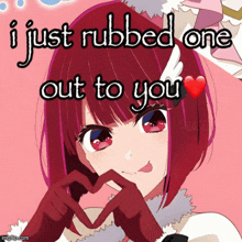 a red haired anime girl making a heart shape with her hands