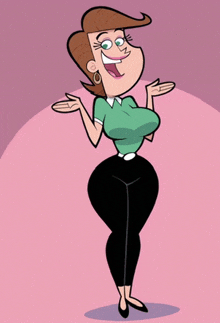 a woman in a green shirt and black pants is standing on a pink background