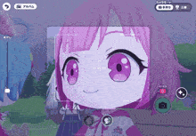 a cartoon girl with pink hair is taking a selfie