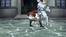 a man in a red jacket is standing next to a robot with a crown on its head