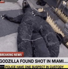 a picture of a godzilla laying on the ground with the headline breaking news