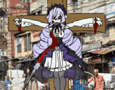 a drawing of a girl on a cross with a sign that says ' s.c.i. ' on it