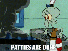 squidward from spongebob squarepants is holding a fire extinguisher in front of a fire .