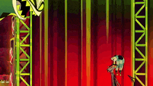 a cartoon character is standing on a stage with a red curtain behind him