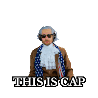 a man in a wig and sunglasses is holding a blue hat with the words this is cap above him