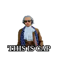 a man in a wig and sunglasses is holding a blue hat with the words this is cap above him