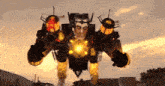 a robot with a face on it is flying through the air with a city in the background