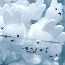 a bunch of white rabbits are sitting in a container with a label that says 280 on it