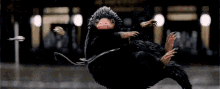 a black bird with a red beak is floating in the air