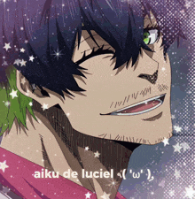 a picture of a man with green hair and the words " aiku de luciel "
