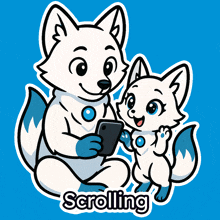a cartoon of a fox holding a cell phone and the word scrolling below it
