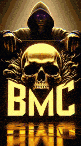 a man in a hoodie is holding a skull in front of the word bmc
