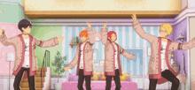 a group of anime characters are dancing in a room with striped walls .