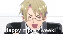 a man in a suit and tie is making a funny face and says happy mpreg week !