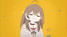 a cartoon of a girl with her eyes closed and a choker on her neck