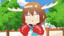 a cartoon girl with antlers on her head wearing red boxing gloves