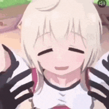 a close up of a anime girl with her eyes closed and her hands on her chest .