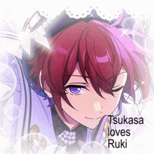 a purple haired anime character with the name tsukasa loves ruki on the bottom right