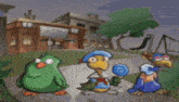 a cartoon of three birds one of which is wearing a letterman jacket with the letter w on it