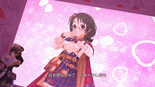 a girl in a plaid dress is covering her mouth in front of a pink background