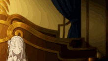 a girl with white hair is sitting in front of a wooden bed
