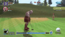 a video game screen shows a man swinging a golf club on a green