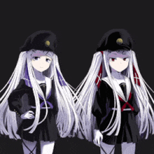 two anime girls with long white hair and black uniforms