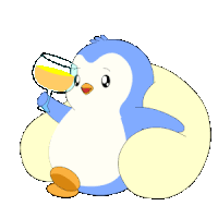 a blue and white penguin is sitting on a pink bean bag chair holding a glass of wine