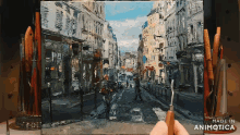 a painting of a city street with the words made in animotica on the bottom