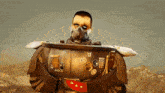 a man wearing a mask and armor has stickers on his chest including one that says ' x '