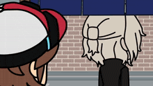 a cartoon drawing of a boy wearing a hat and a girl wearing glasses