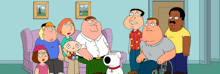 a group of cartoon characters including peter griffin are sitting on a couch