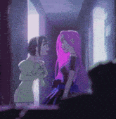 two anime girls are standing in a hallway and talking to each other
