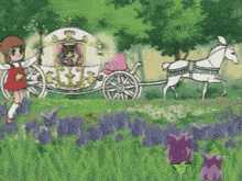 a horse drawn carriage is pulled by a girl in a red dress