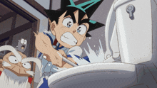 a cartoon character is standing next to a toilet with the letter p on it