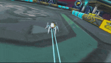 a cartoon character is flying through the air on a race track