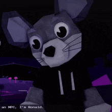 a cartoon mouse wearing a black shirt with a purple background