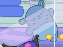 a cartoon character is standing next to a bed with a skull on it 's head .