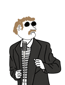a cartoon drawing of a man in a suit and striped shirt holding a microphone