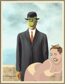 a painting of a man with an apple on his face and a woman behind him
