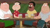 a group of cartoon characters sitting around a table with beer mugs