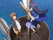 a boy and a girl are on a boat in the ocean